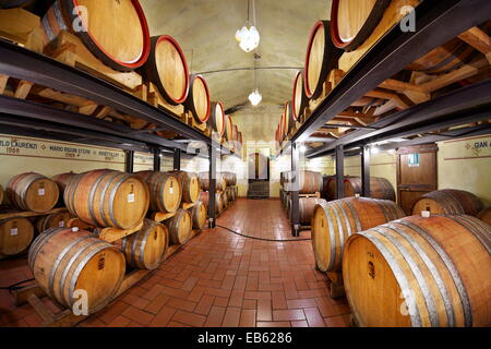 La cantina di Brunello di Montalcino, botti da vino, Toscana, Italia Foto Stock