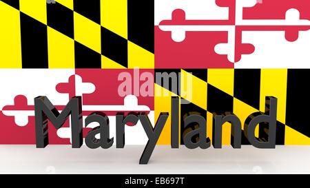 La scrittura con il nome dello stato americano del Maryland fatte di metallo scuro nella parte anteriore del flag di stato Foto Stock
