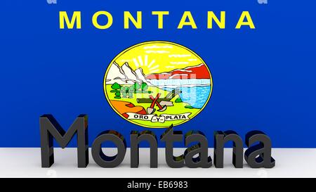 La scrittura con il nome dello stato americano Montana fatta di metallo scuro nella parte anteriore del flag di stato Foto Stock