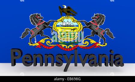 La scrittura con il nome dello stato americano Pennsylvania fatte di metallo scuro nella parte anteriore del flag di stato Foto Stock