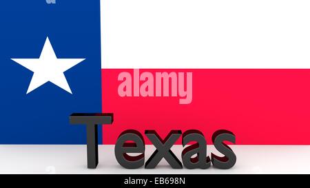 La scrittura con il nome dello stato americano Texas fatte di metallo scuro nella parte anteriore del flag di stato Foto Stock