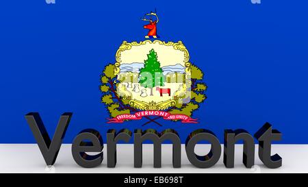 La scrittura con il nome dello stato americano del Vermont fatte di metallo scuro nella parte anteriore del flag di stato Foto Stock