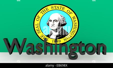 La scrittura con il nome dello stato americano Washington realizzato in metallo scuro nella parte anteriore del flag di stato Foto Stock