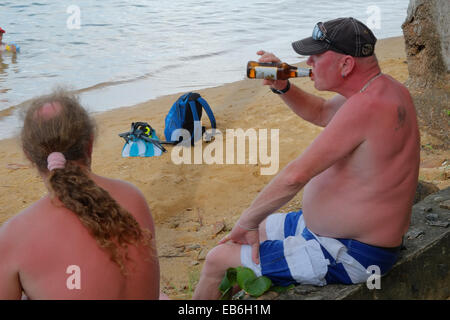 Koh Wai, della Thailandia . 27 Nov, 2014. I turisti tedeschi hanno una birra mentre altri godono di snorkeling in acque calde a Pakarang Resort Koh Wai. Numero di turisti verso il basso dal visitatore tradizionali paesi, sebbene aumentare da Cina e Russia. Il primo ministro, un uomo militare inserito dopo il colpo di stato, ha annunciato che le elezioni non può essere mantenuto fino al 2016. Inizialmente mostra un backpacker avente le cose rubate e poi egli si riscalda per il paese e il suo popolo. Credito: Paolo Quayle/Alamy Live News Foto Stock