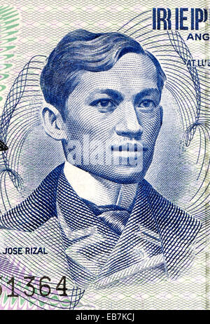 Dettaglio di una banconota filippino che mostra anti-contraffazione la stampa dettagli e ritratto di Jose Rizal Foto Stock