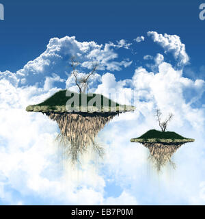 3D render di isole galleggianti in un cielo azzurro con soffici nuvole bianche Foto Stock