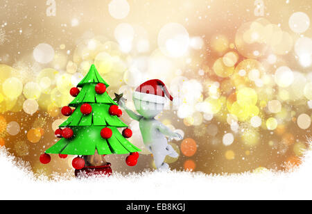 3D morph uomo mettendo la stella su un albero su di una decorazione di Natale con sfondo bokeh luci e i fiocchi di neve Foto Stock
