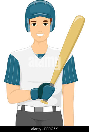 Illustrazione di un uomo vestito in marcia da baseball in possesso di una mazza da baseball Foto Stock