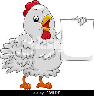 Il Mascot illustrazione con una gallina tenendo un pezzo di carta in bianco Foto Stock