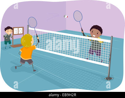Illustrazione con i ragazzi la riproduzione di Badminton Foto Stock