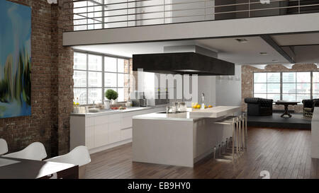 Moderno loft con cucina. Il rendering 3D Foto Stock