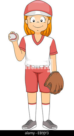 Illustrazione di una ragazza vestita come un lanciatore di baseball Foto Stock