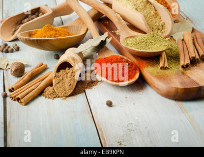 Spezie su un cucchiaio di legno. Messa a fuoco selettiva Foto Stock