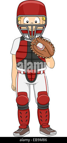 Illustrazione di un ragazzo vestito come un Baseball Catcher Foto Stock