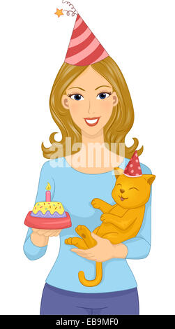 Illustrazione di una donna tenendo un gatto festeggia il suo compleanno Foto Stock