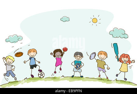 Illustrazione con i bambini a giocare diversi sport Foto Stock