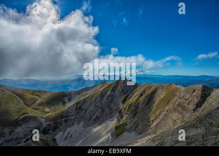 Picchi di montagna, monte Vettore, Parco Nazionale dei Monti Sibillini, Umbria, Italia Foto Stock