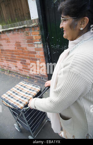 Donna anziana spingendo un carrello della spesa sul suo modo di negozi, Foto Stock