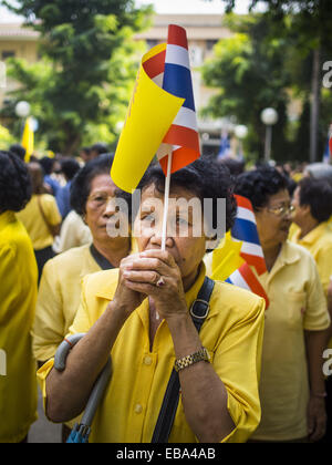 Bangkok, Bangkok, Thailandia. 28 Nov, 2014. Una donna che prega per Bhumibol Adulyadej, del re di Thailandia, a Siriraj Hospital. Il Re è nato il 5 dicembre 1927, a Cambridge, Massachusetts. La famiglia è stata negli Stati Uniti perché suo padre, il Principe Mahidol, studiava la salute pubblica presso la Harvard University. Ha regnato dal 1946 ed è il mondo che regna attualmente più longevo monarca e il più longevo monarca nella storia tailandese. Bhumibol, chi è in cattive condizioni di salute, è venerata dal popolo Thai. Il suo compleanno è una festa nazionale e è anche celebrata come la Festa del papà. Egli mi Foto Stock