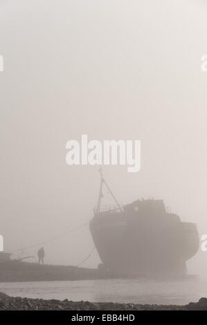 Loch Linnhe Scozia, Regno Unito. 28 Nov 2014. Una solitaria figura ammira la disastrata barca da pesca sulle sponde del Loch Linnhe durante una forte nebbia di mattina Credito: Kenny Ferguson/Alamy Live News Foto Stock