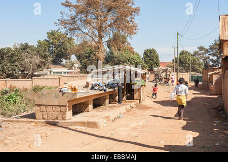 Giovane donna abiti di lavaggio in corrispondenza di un locale lavanderia esterna in Antananarivo, o Tana, la città capitale del Madagascar Foto Stock