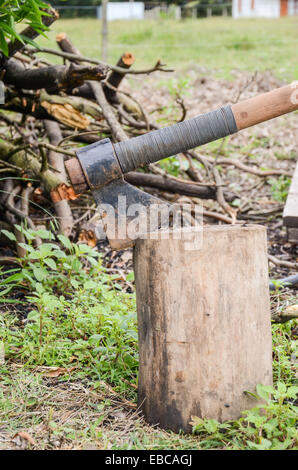 Ax bloccato in un log in campagna Foto Stock