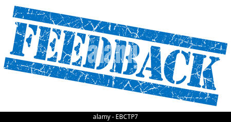 Feedback blue square grunge textured timbro isolato su bianco Foto Stock