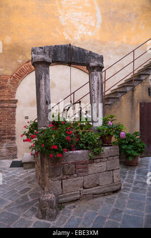 Vecchio Pozzo nel cortile, San Quirico d'Orcia, Val d'Orcia, in provincia di Siena, Toscana, Italia Foto Stock