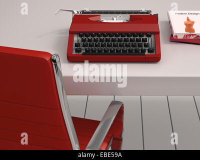 Illustrazione Digitale della scrivania con sedia rossa, rosso Nastri inchiostratori per macchine da scrivere e libri Foto Stock