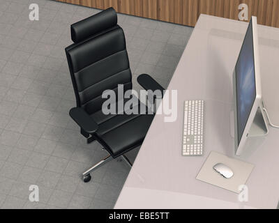 Illustrazione della moderna stazione di lavoro con computer desktop, pelle sedia da ufficio e scrivania con vetro acrilico desktop, Studio shot Foto Stock