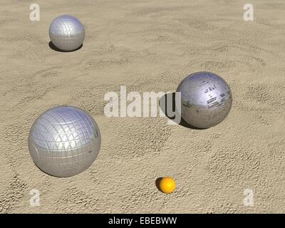 Tre metallico gioco bocce palle e martinetto piccolo sulla sabbia dalla giornata di sole Foto Stock