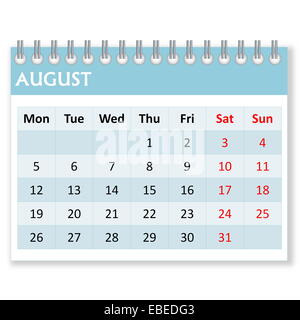 Foglio di calendario per il mese di agosto in uno sfondo bianco, settimana inizia dal lunedì Foto Stock