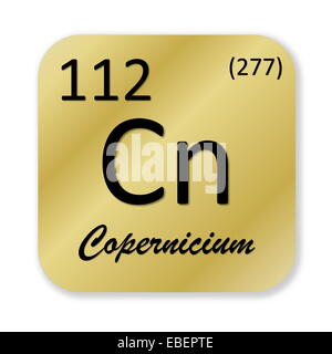 Nero elemento copernicium in golden square forma isolata in sfondo bianco Foto Stock