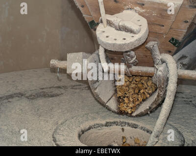 Fresatura di farina di castagne. Nota - in realtà nulla ancora qui. È possibile vedere la caduta delle castagne! Foto Stock