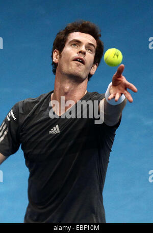 Pasay City, Filippine. 29 Nov, 2014. Andy Murray di Manila non conformisti team serve durante gli uomini singoli match contro Micromax Indian Aces' Gael Monfils alla Internazionale di Tennis Premier League in Pasay City, a sud di Manila, Filippine, nov. 29, 2014. Andy Murray ha vinto 6-1. © Rouelle Umali/Xinhua/Alamy Live News Foto Stock