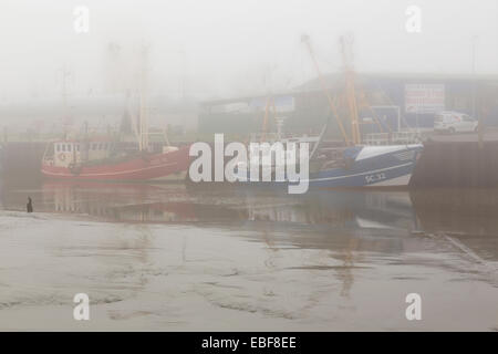Porto di Husum con la nebbia, Mare del Nord, Nord Frisia, Schleswig Holstein, Germania, Europa Foto Stock