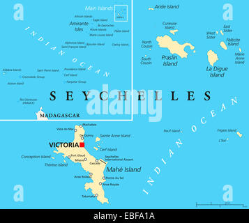 Seychelles Mappa Politico con capitale Victoria, importanti città e isole e una mappa panoramica di tutto l'arcipelago. Foto Stock