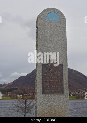 In Vikeså Rogaland Norvegia, memorial ho l'onore dei distretti di soldati delle Nazioni Unite che hanno perso la vita sul dovere di difendere la pace Foto Stock