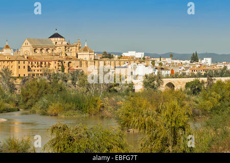 CORDOBA SPAGNA moschea o Cattedrale Mezquita il ponte romano e la vecchia WATERWHEEL da tutto il fiume Guadalquivir Foto Stock