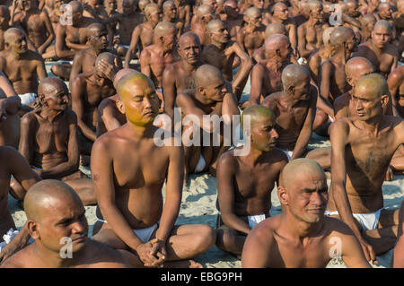 Seduto in silenzio come parte dell'apertura del nuovo sadhus, durante il Kumbha Mela Festival, di Allahabad, Uttar Pradesh, India Foto Stock