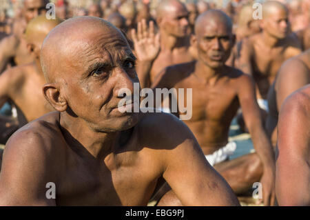 L'uomo unendo l'apertura di nuovi sadhus, durante il Kumbha Mela Festival, di Allahabad, Uttar Pradesh, India Foto Stock