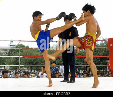 Muay Thai boxe tailandese, due uomini combattendo in un anello di inscatolamento, Bangkok, Tailandia Centrale, Thailandia Foto Stock