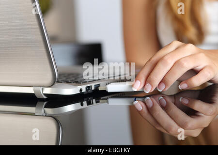 In prossimità di una donna mano collegando una pendrive usb su un portatile a casa Foto Stock