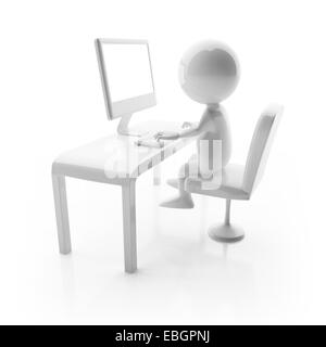 3D lucida carattere carino lavorando sul computer il rendering Foto Stock