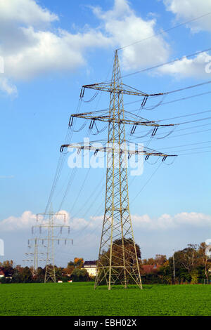 Poli di potenza e la linea di trasmissione su un campo, Germania Foto Stock