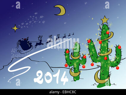 In scena con decorazioni di Natale di abete e Babbo Natale con la slitta con le renne nel cielo stellato Foto Stock