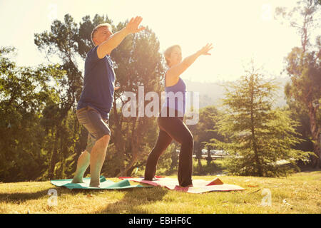 Coppia matura la pratica dello yoga in posizione di stazionamento Foto Stock