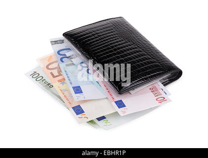 Portafoglio con euro su sfondo bianco Foto Stock