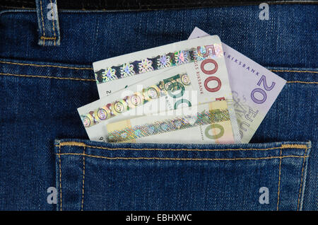 Banca svedese note in jeans tasca posteriore Foto Stock