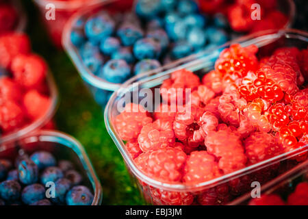 Assortimento di organico fresco Ribes Lamponi Mirtilli e a produrre il mercato locale in cesti e contenitori. Foto Stock